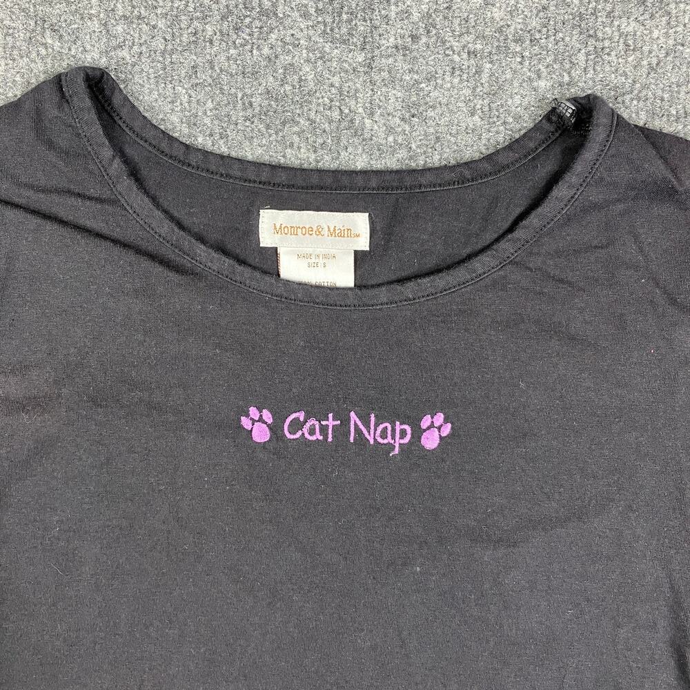 Monroe & Main T-Shirt Womens S Black Cat Nap Graphic Long Sleeve Casual Cute
